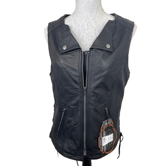Biker Motorcycle Vest Womens Sz Med Soft Black Leather Zip Side Laces NWT Pocket - Picture 4 of 15